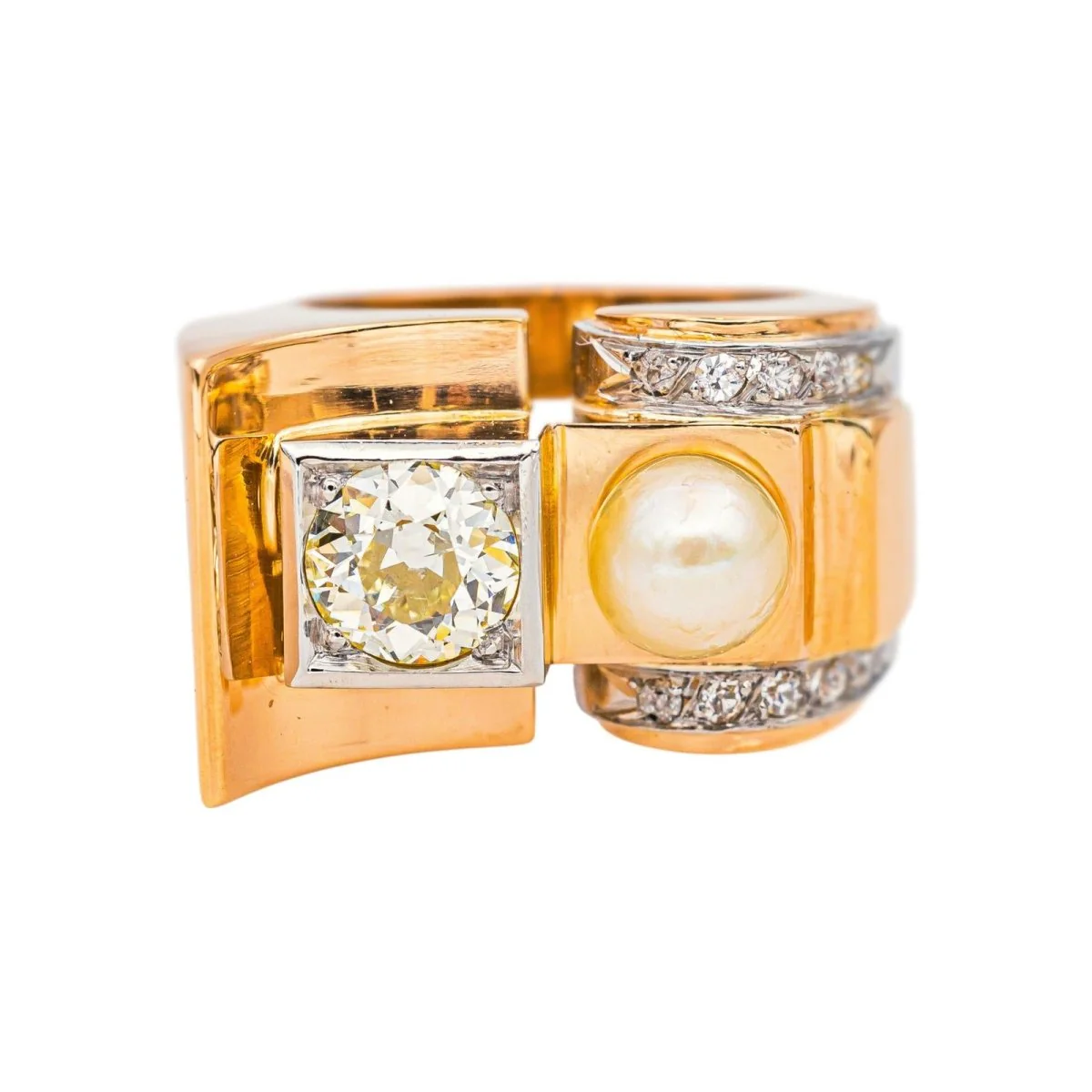 Bague Tank en or rose, platine, perle et diamants