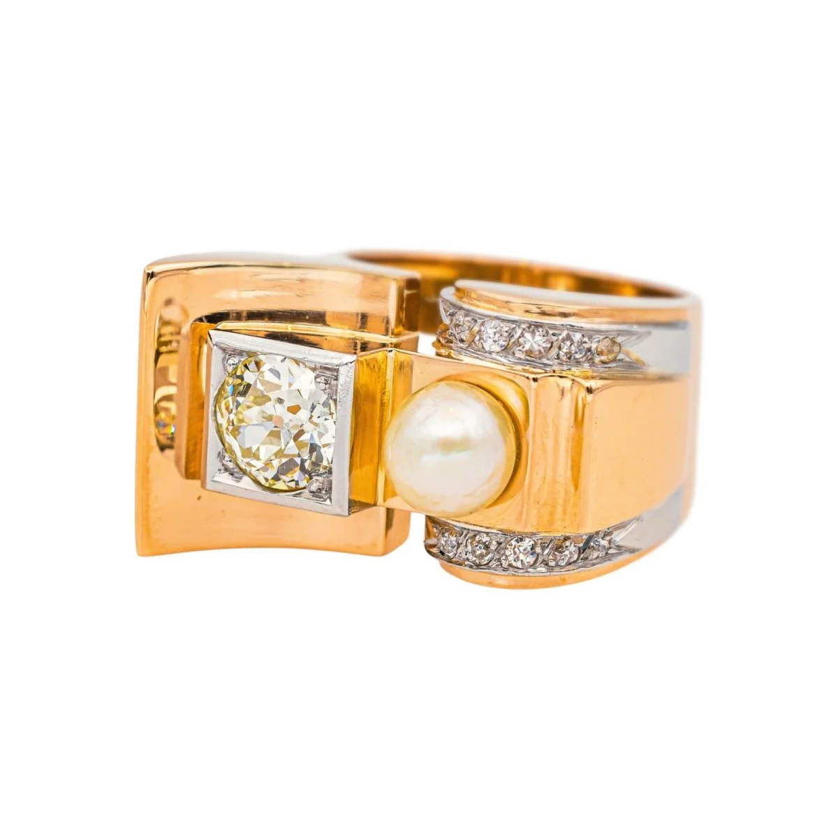 Bague Tank en or rose, platine, perle et diamants - Image 3