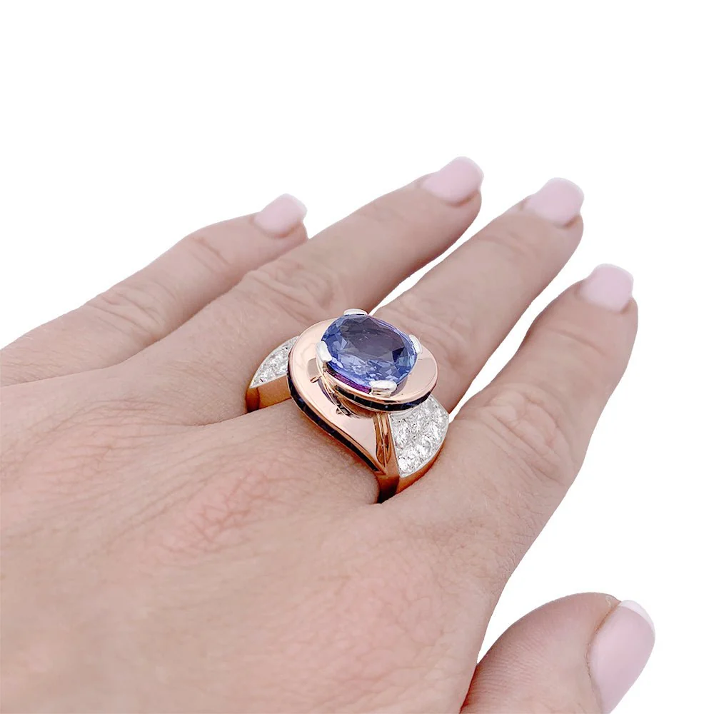 Bague Tank en or rose, platine, saphirs et diamants - Image 2