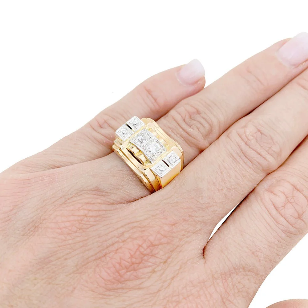 Bague "Tank" or rose, platine, diamants. - Image 2