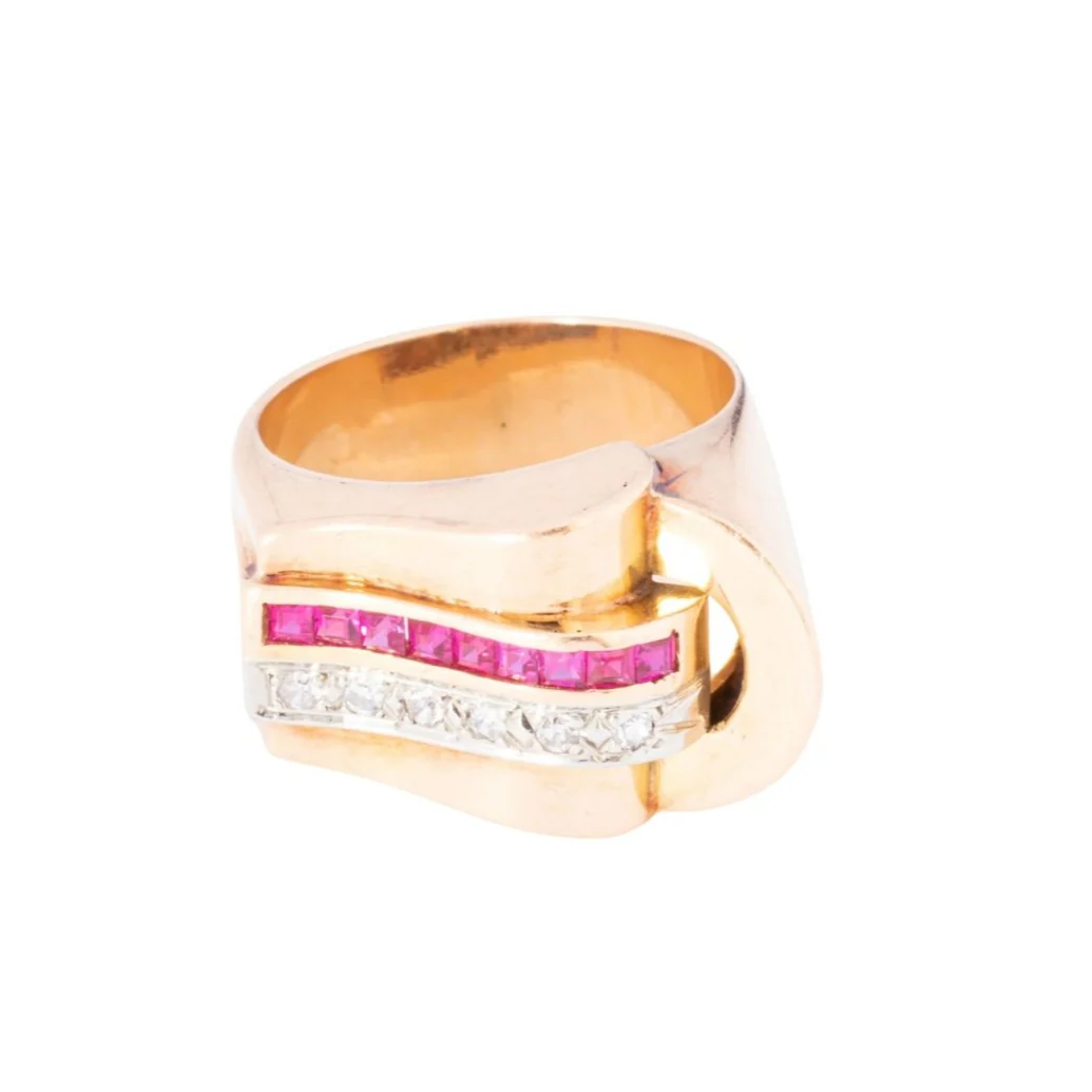Bague Tank en or rose, rubis et diamants