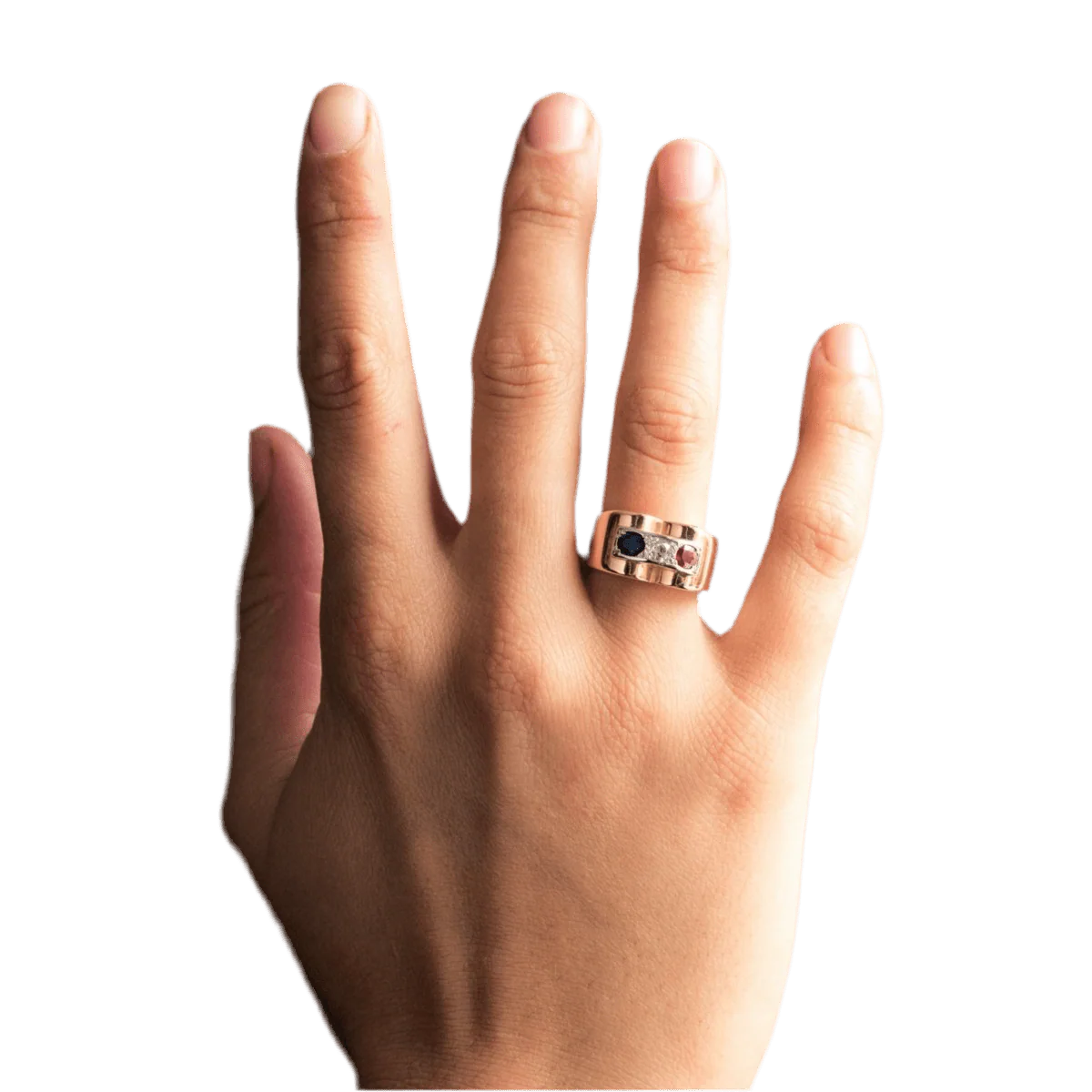 Bague Tank en or jaune, saphir, rubis et diamant - Image 2