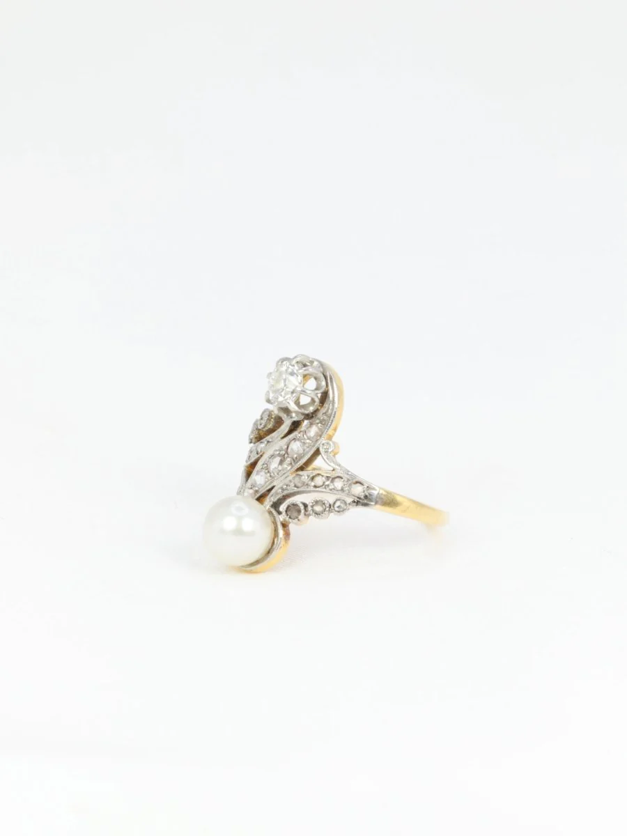 Bague toi et moi Belle Epoque or blanc perle diamants - Image 7