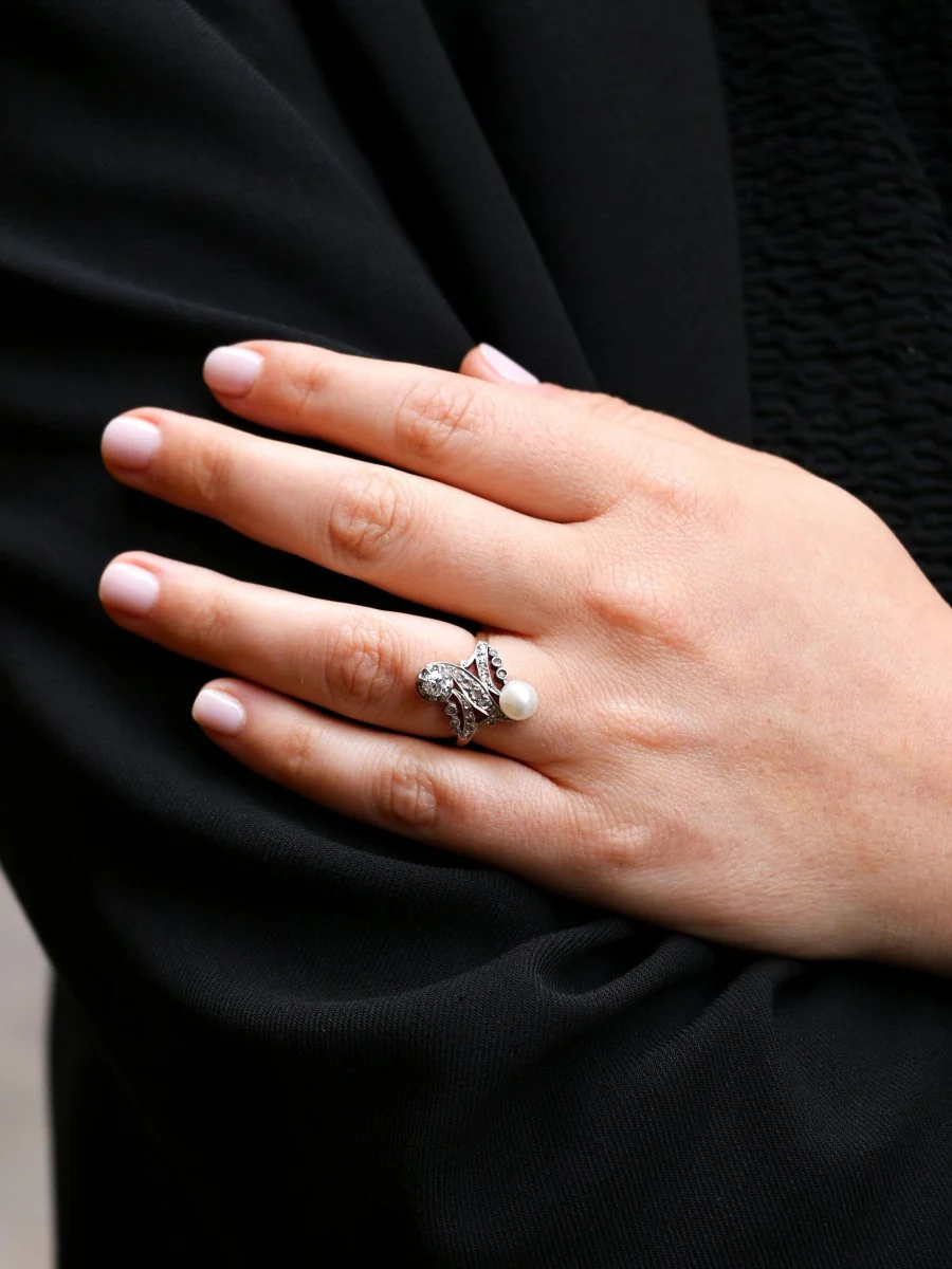 Bague toi et moi Belle Epoque or blanc perle diamants - Image 9