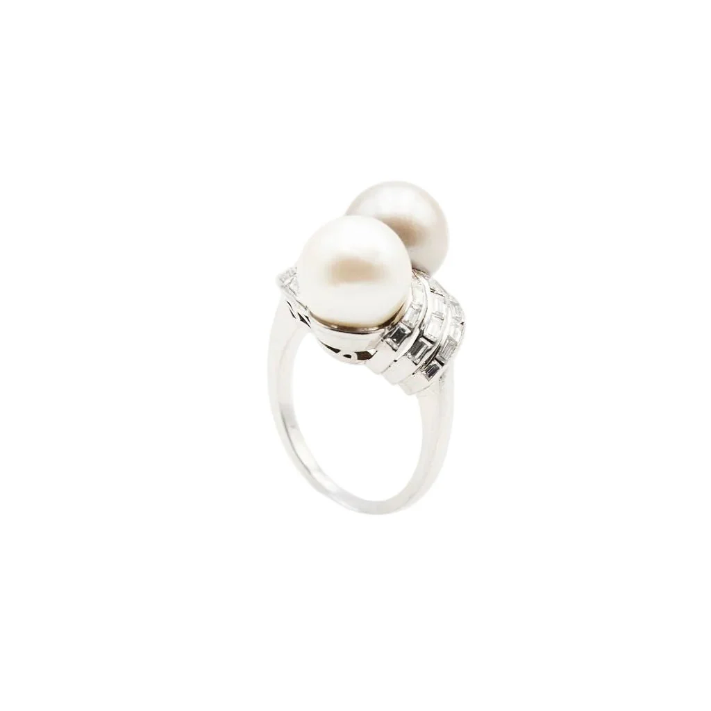 Bague Toi & Moi en platine, perles et diamants - Image 6