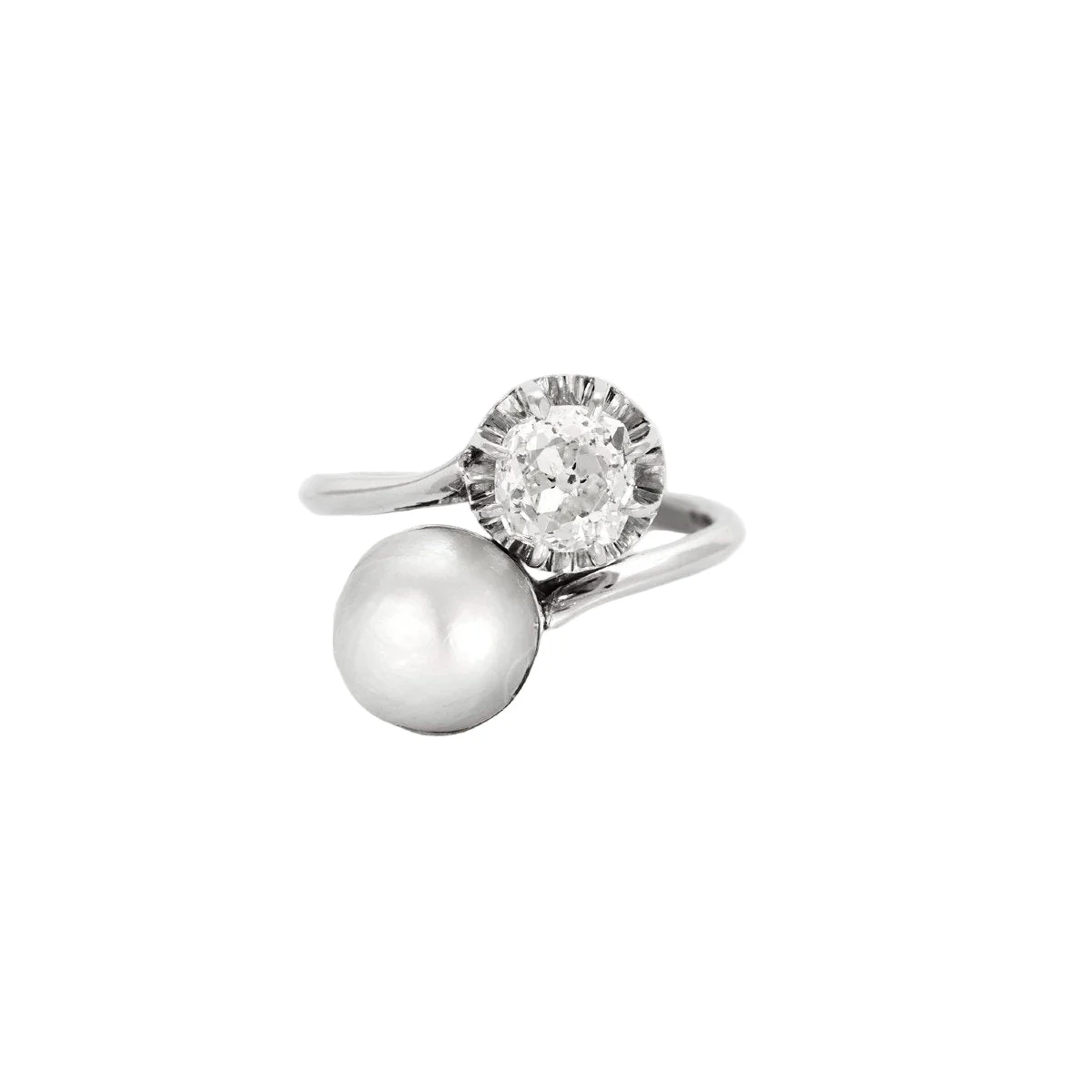 Bague Toi et Moi en or blanc, perle, et diamant