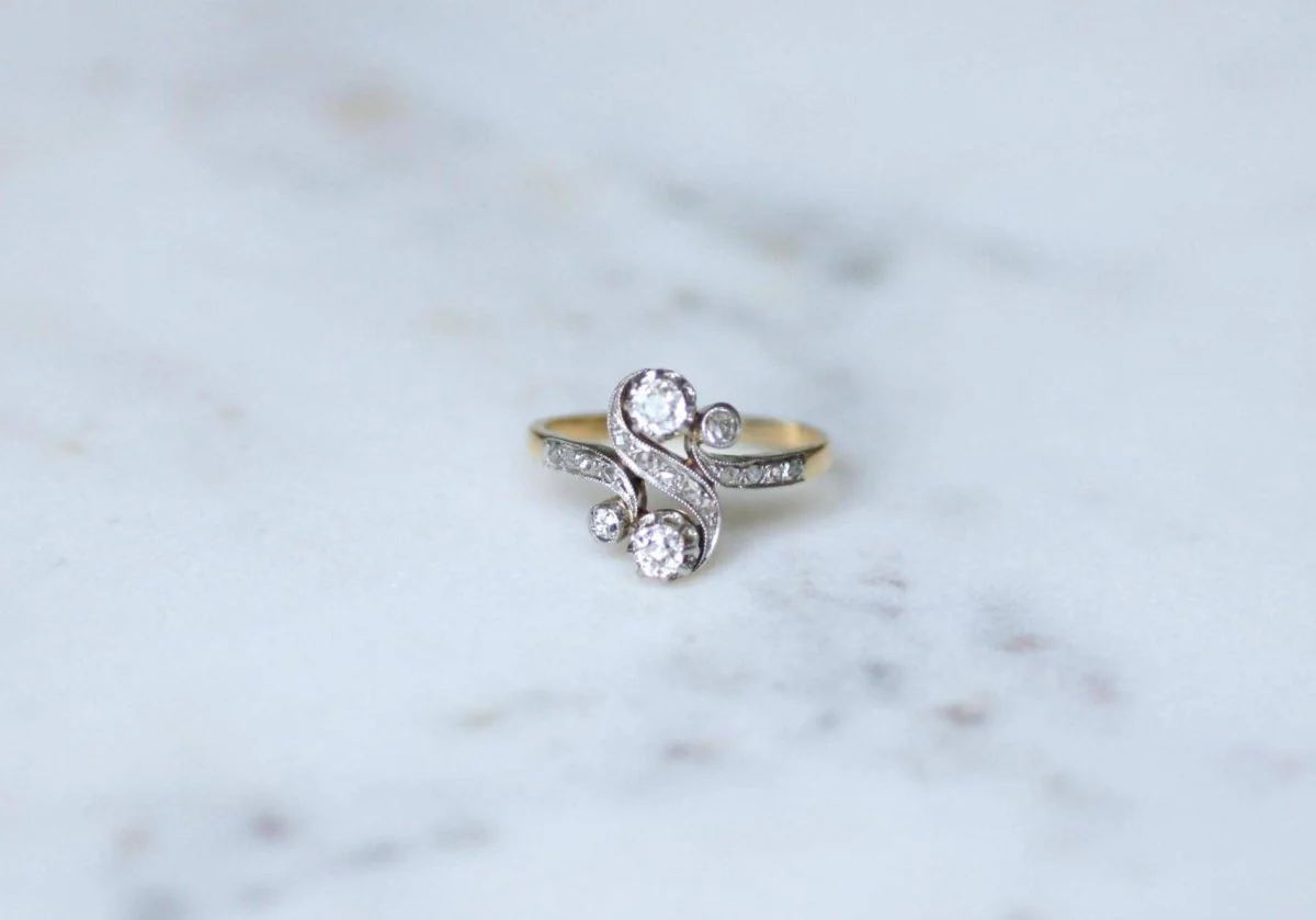 Bague Toi et Moi Diamants 0,55 Ct sur Or et Platine Belle Epoque - Image 2