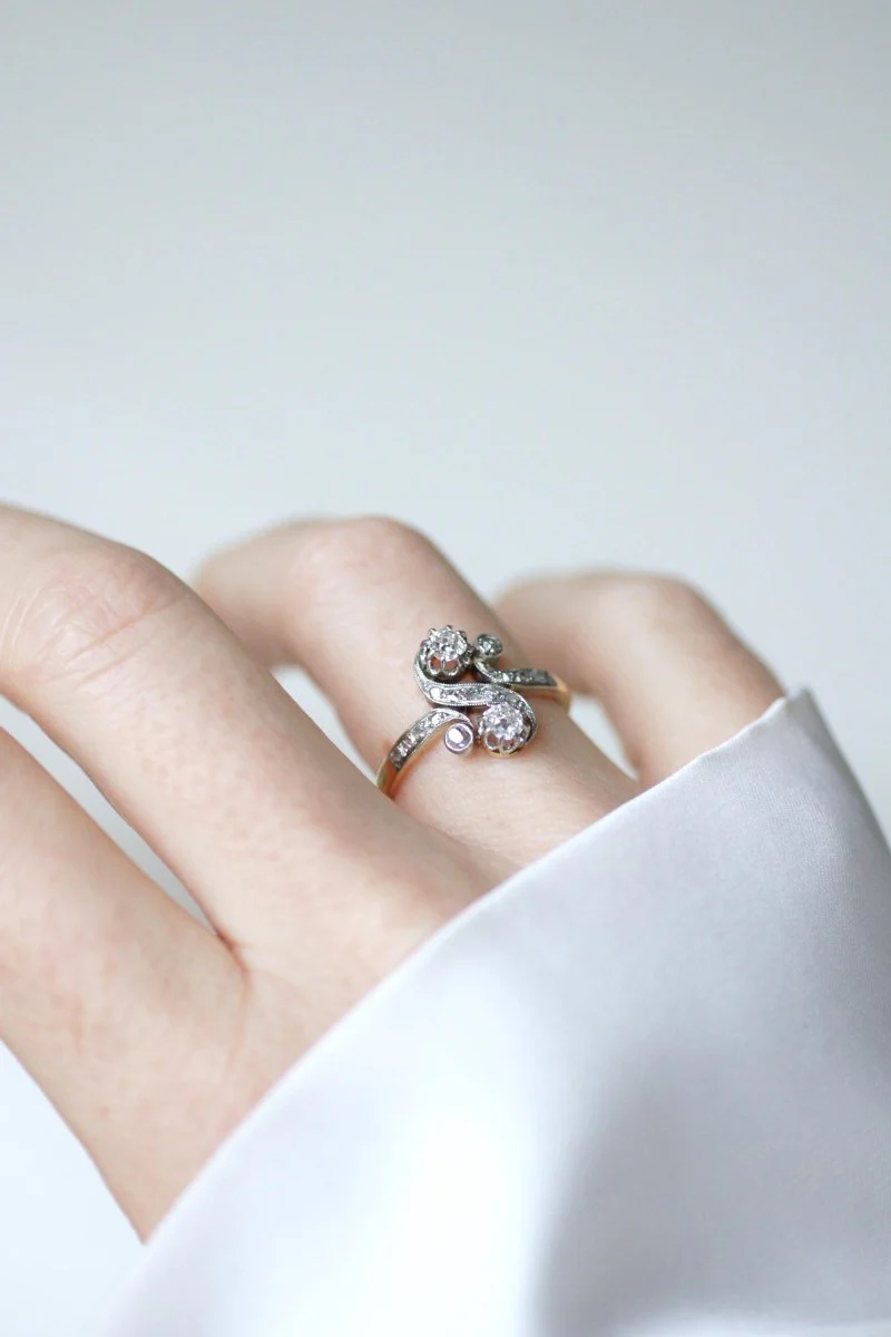 Bague Toi et Moi Diamants 0,55 Ct sur Or et Platine Belle Epoque - Image 3