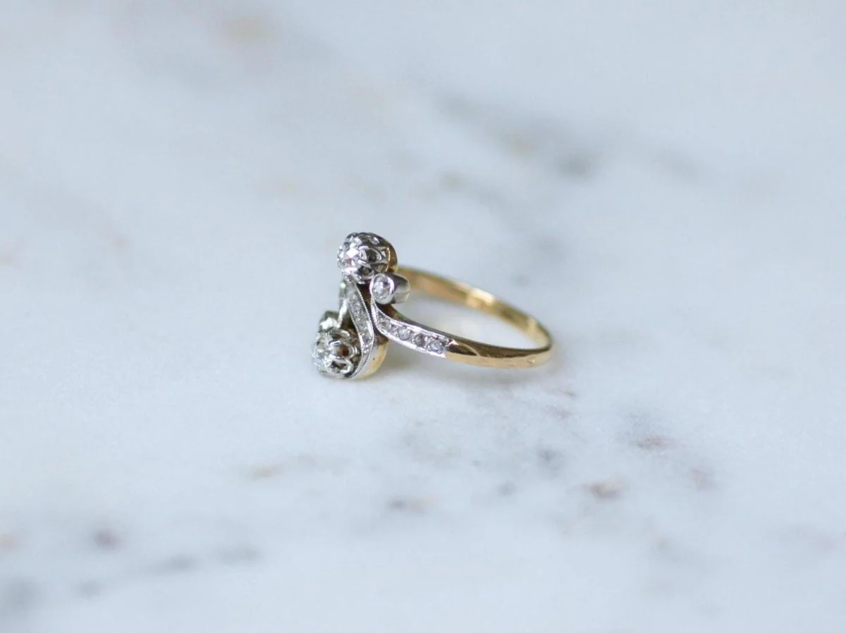 Bague Toi et Moi Diamants 0,55 Ct sur Or et Platine Belle Epoque - Image 5