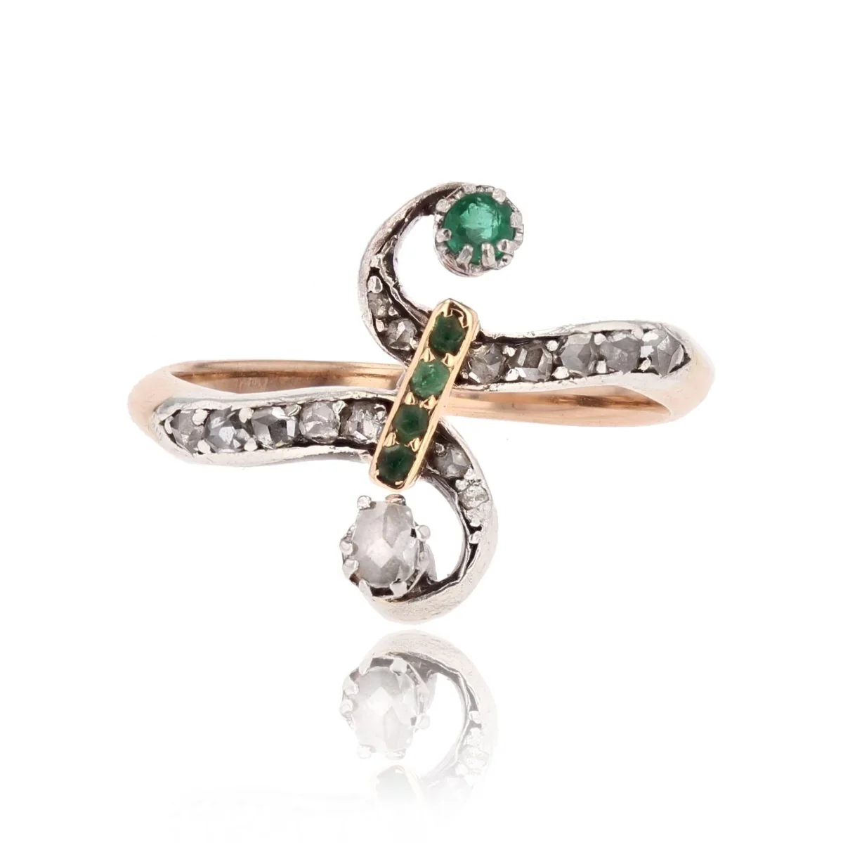 Bague Toi & Moi en or rose, émeraudes et diamants