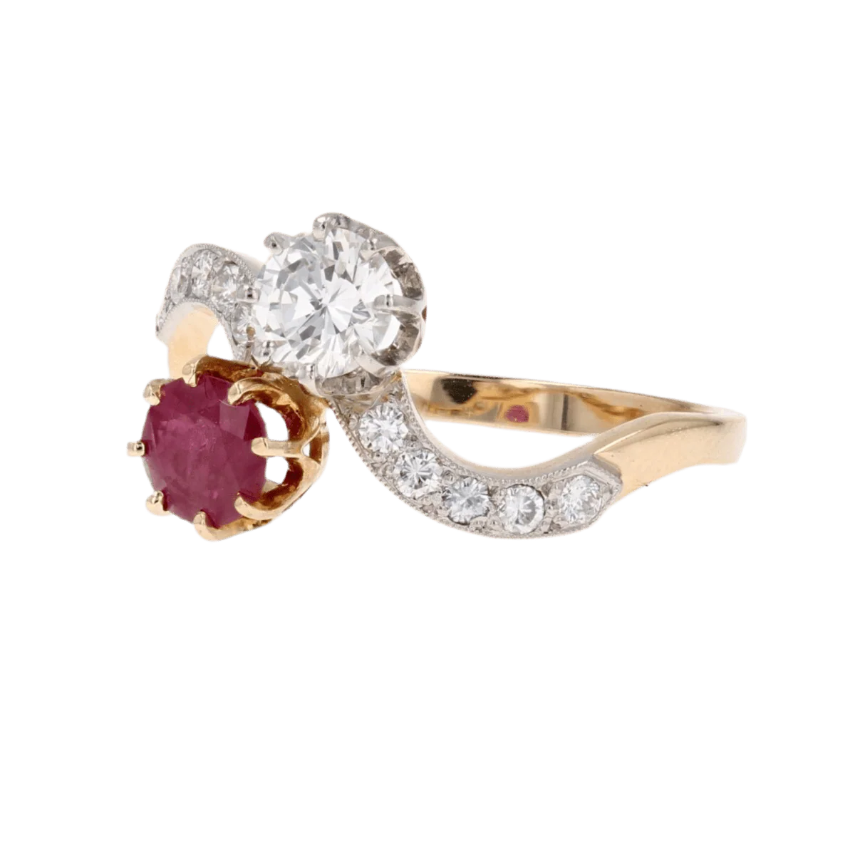 Bague Toi & Moi en or jaune, platine, rubis et diamants - Image 3