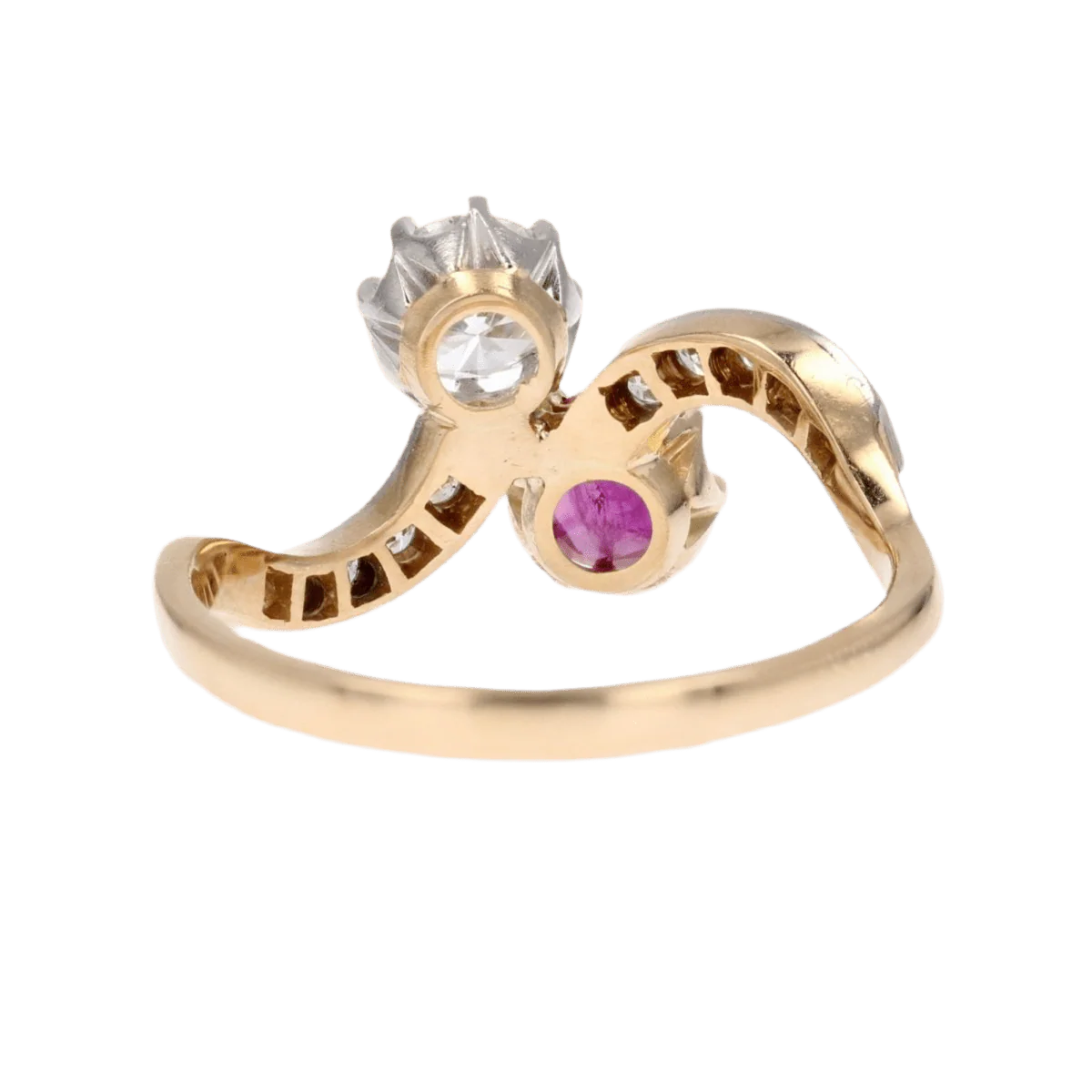 Bague Toi & Moi en or jaune, platine, rubis et diamants - Image 4