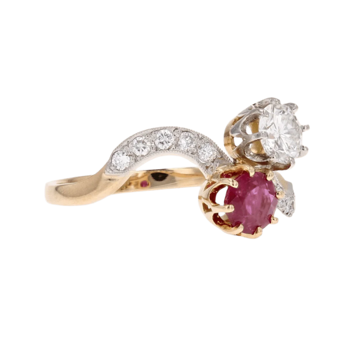 Bague Toi & Moi en or jaune, platine, rubis et diamants - Image 5