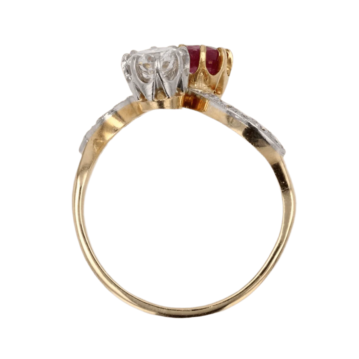 Bague Toi & Moi en or jaune, platine, rubis et diamants - Image 6