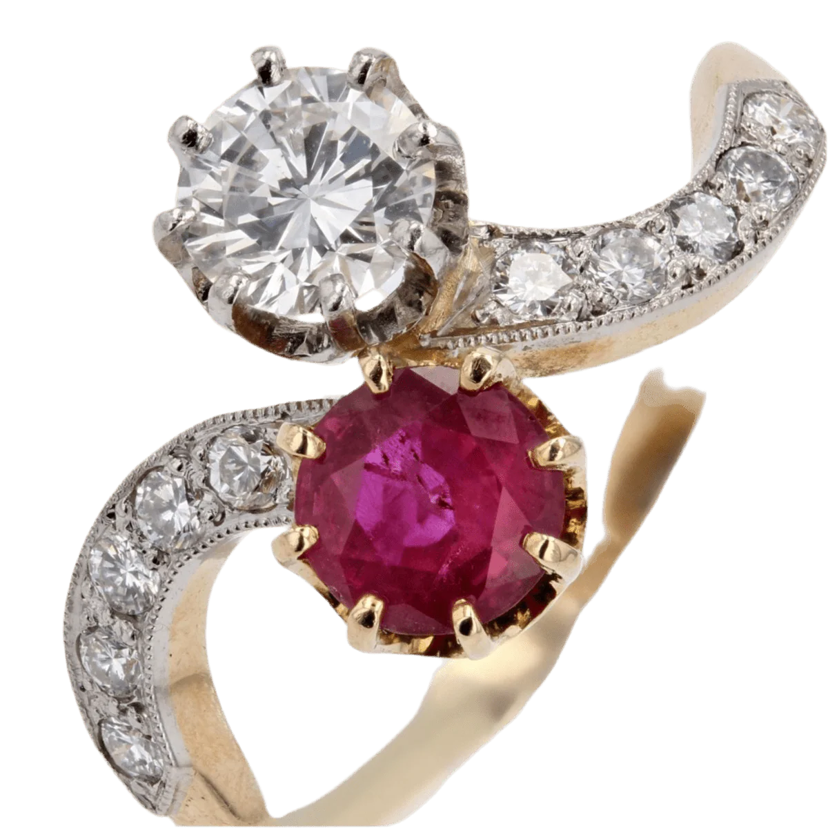 Bague Toi & Moi en or jaune, platine, rubis et diamants - Image 7