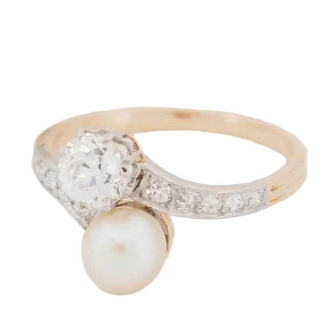 Bague Toi et Moi en or jaune, platine, perles et diamants - Image 2