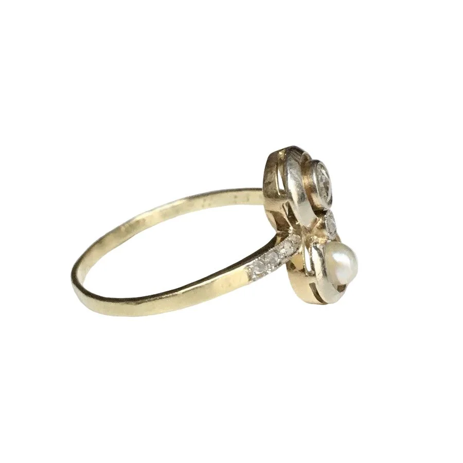 Bague Toi & Moi en or jaune, platine, perle et diamants - Image 5