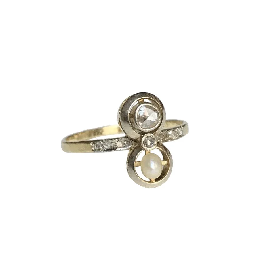 Bague Toi & Moi en or jaune, platine, perle et diamants - Image 6