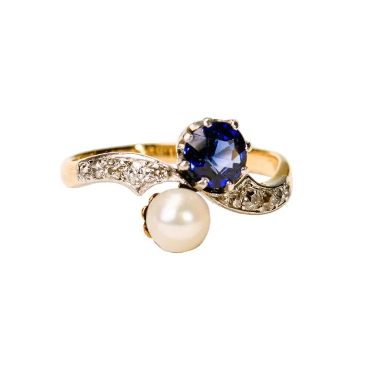 Bague Toi et Moi en or jaune, platine, saphir, perle de culture et diamants