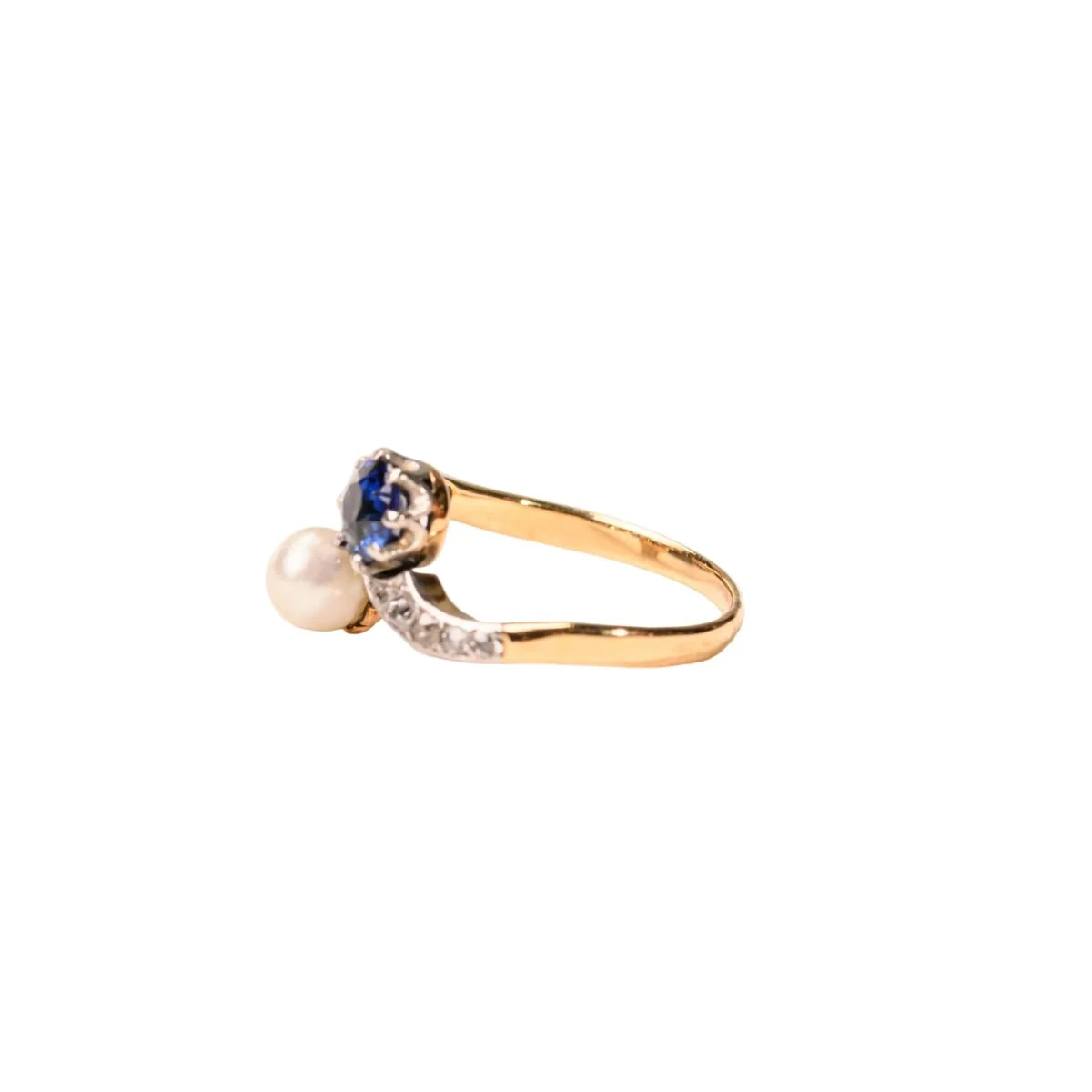Bague Toi et Moi en or jaune, platine, saphir, perle de culture et diamants - Image 3
