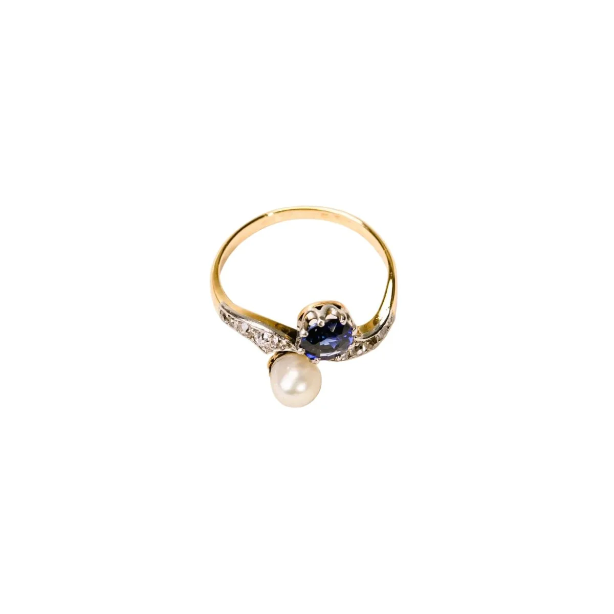 Bague Toi et Moi en or jaune, platine, saphir, perle de culture et diamants - Image 6