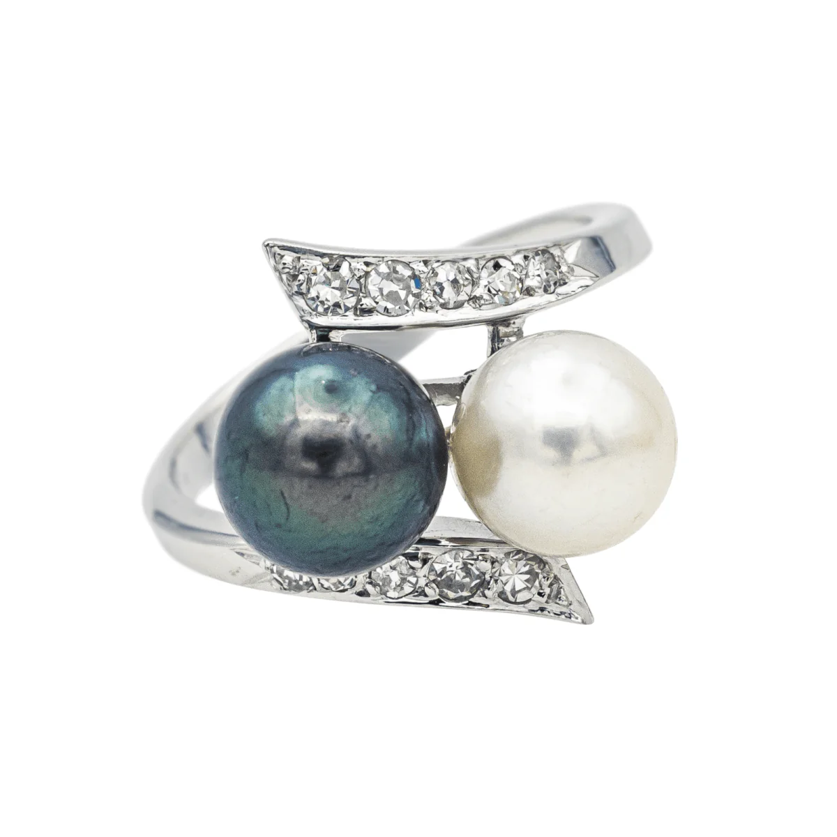 Bague Toi & Moi en or blanc, perles et diamants