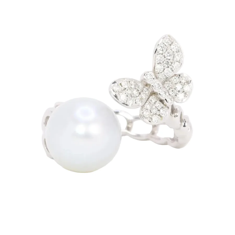 Bague toi et moi Perle & Papillon or blanc diamants