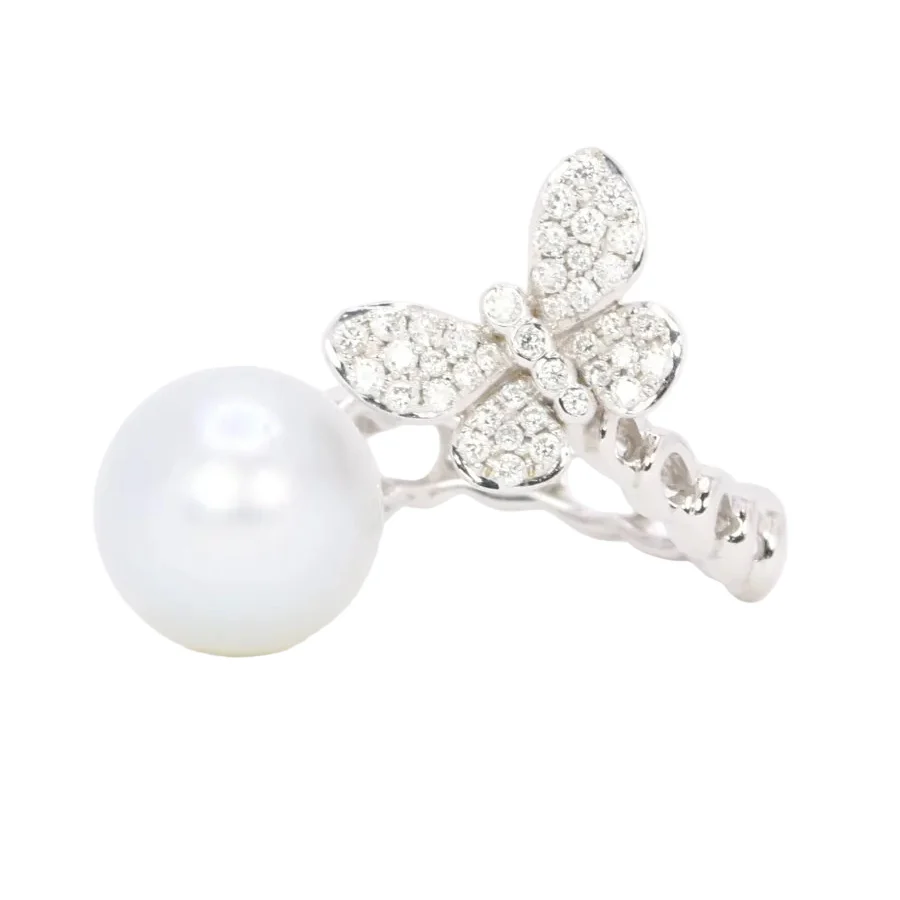 Bague toi et moi Perle & Papillon or blanc diamants - Image 3