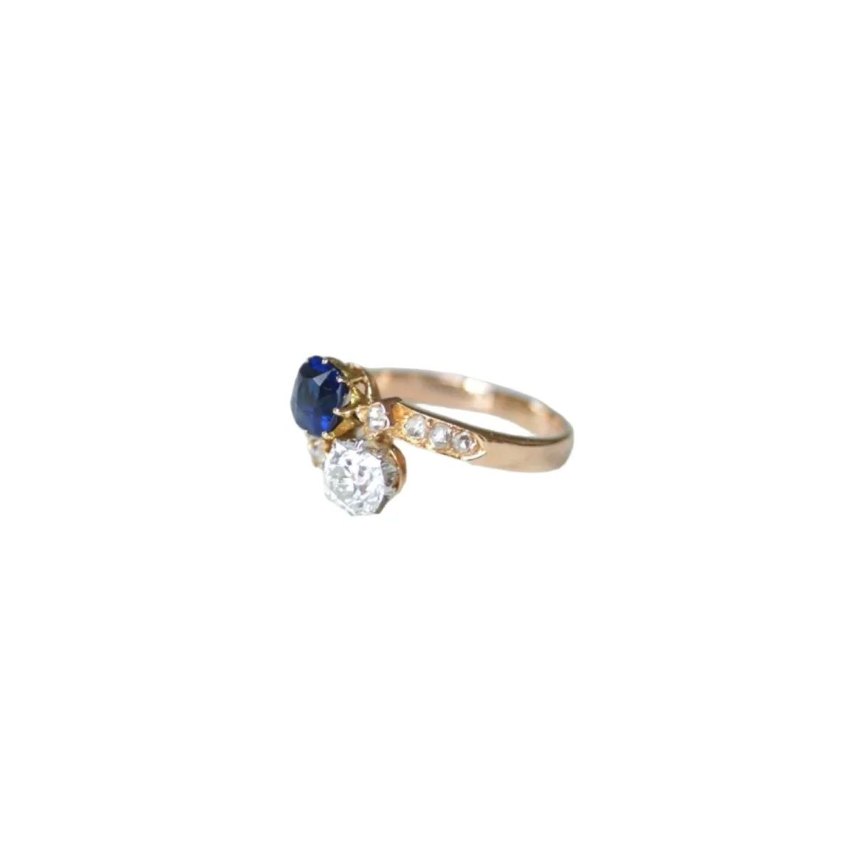 Bague Toi et Moi en or rose, platine, saphir, et diamant - Image 3