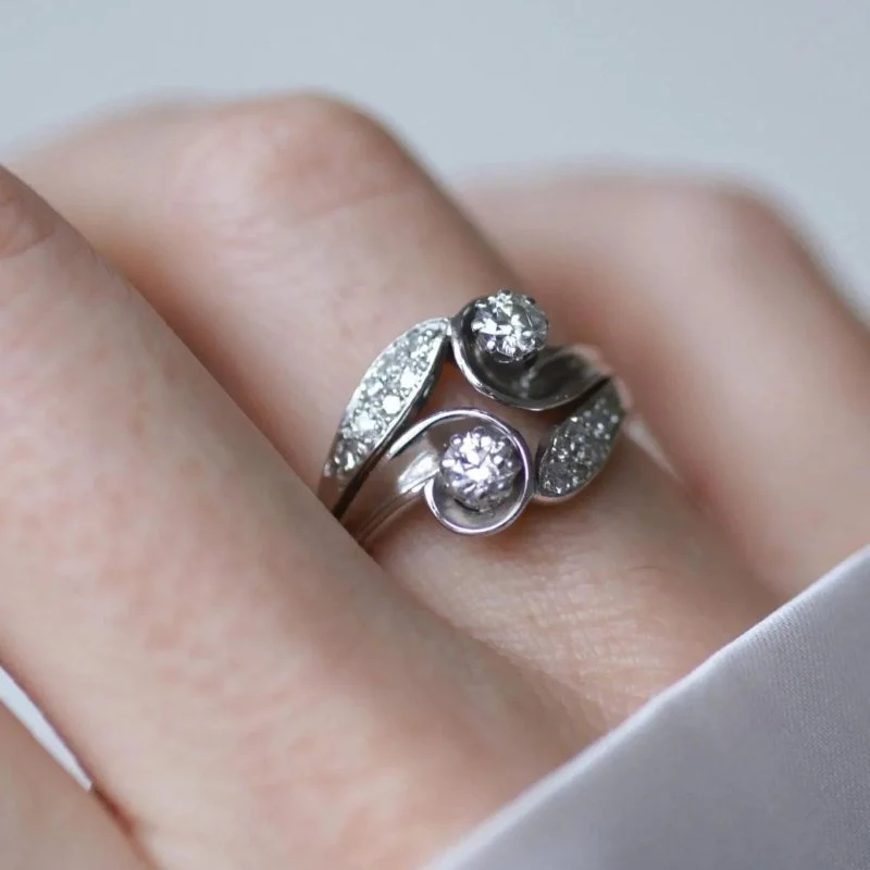 Bague Toi et Moi en or blanc, platine et diamants - Image 2