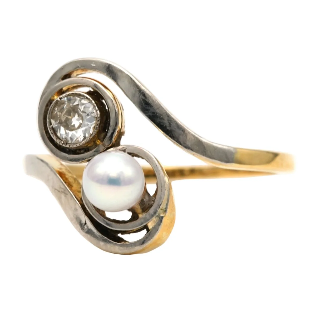 Bague Toi & Moi en or blanc, or jaune, perle et diamants - Image 2