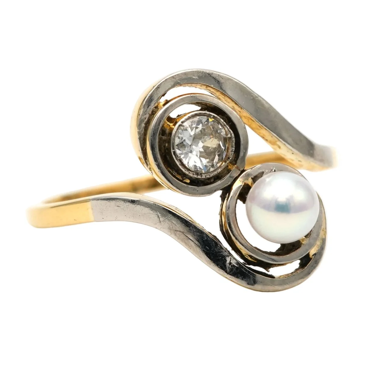 Bague Toi & Moi en or blanc, or jaune, perle et diamants - Image 6