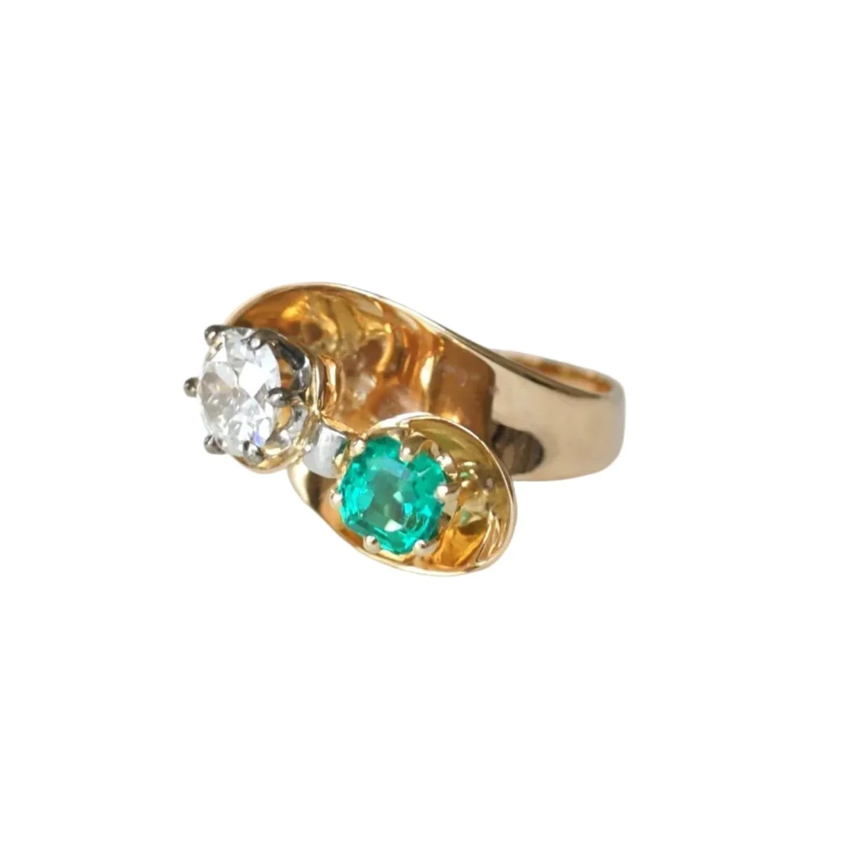 Bague Toi & Moi en or jaune, platine, émeraude et diamants - Image 3