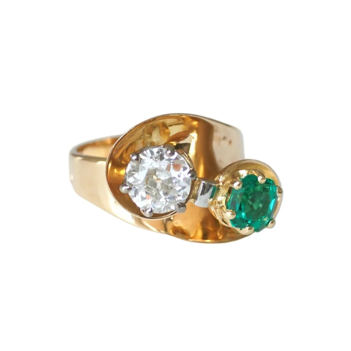 Bague Toi & Moi en or jaune, platine, émeraude et diamants - Image 5