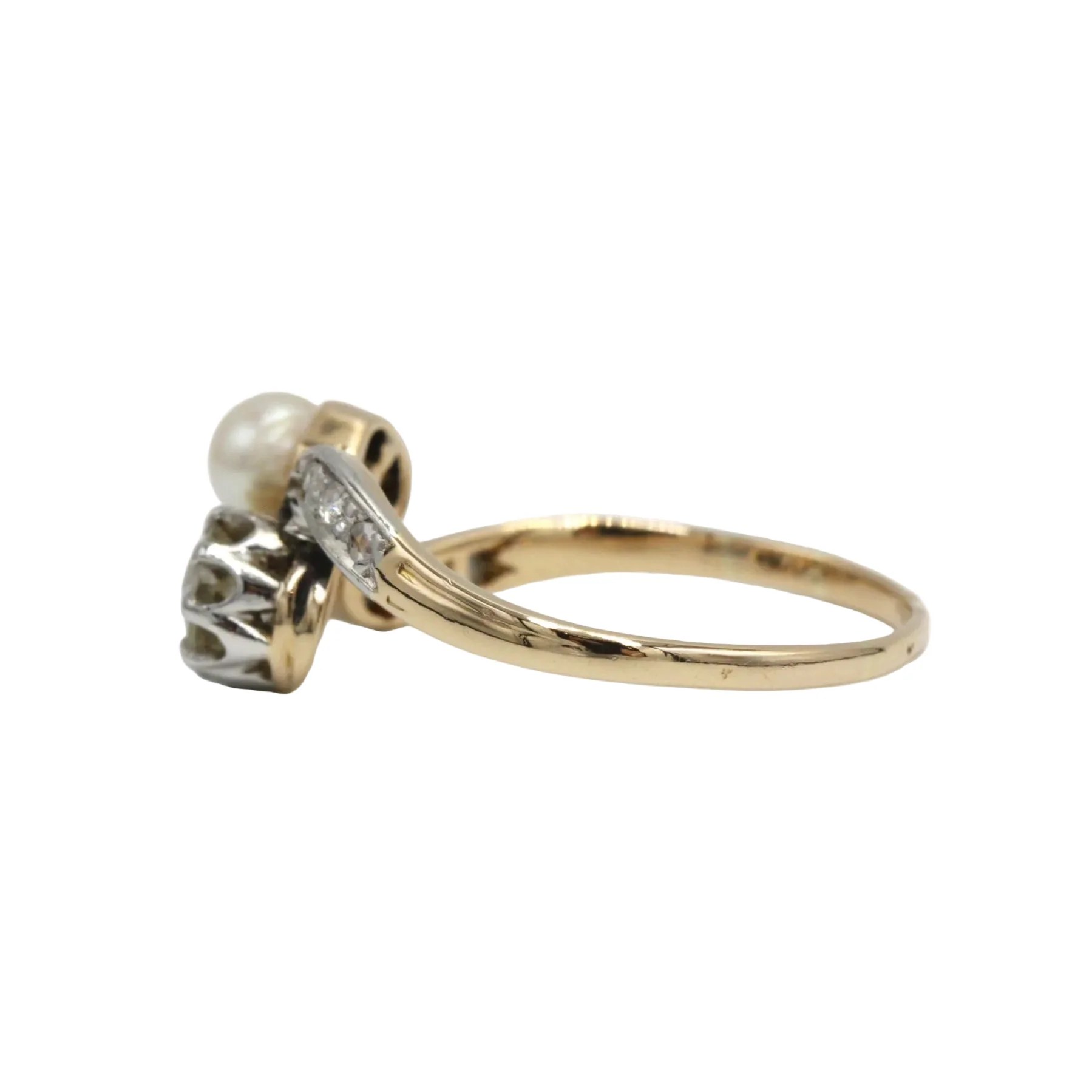 Bague Toi & Moi en or jaune, platine, perle, et diamants - Image 3