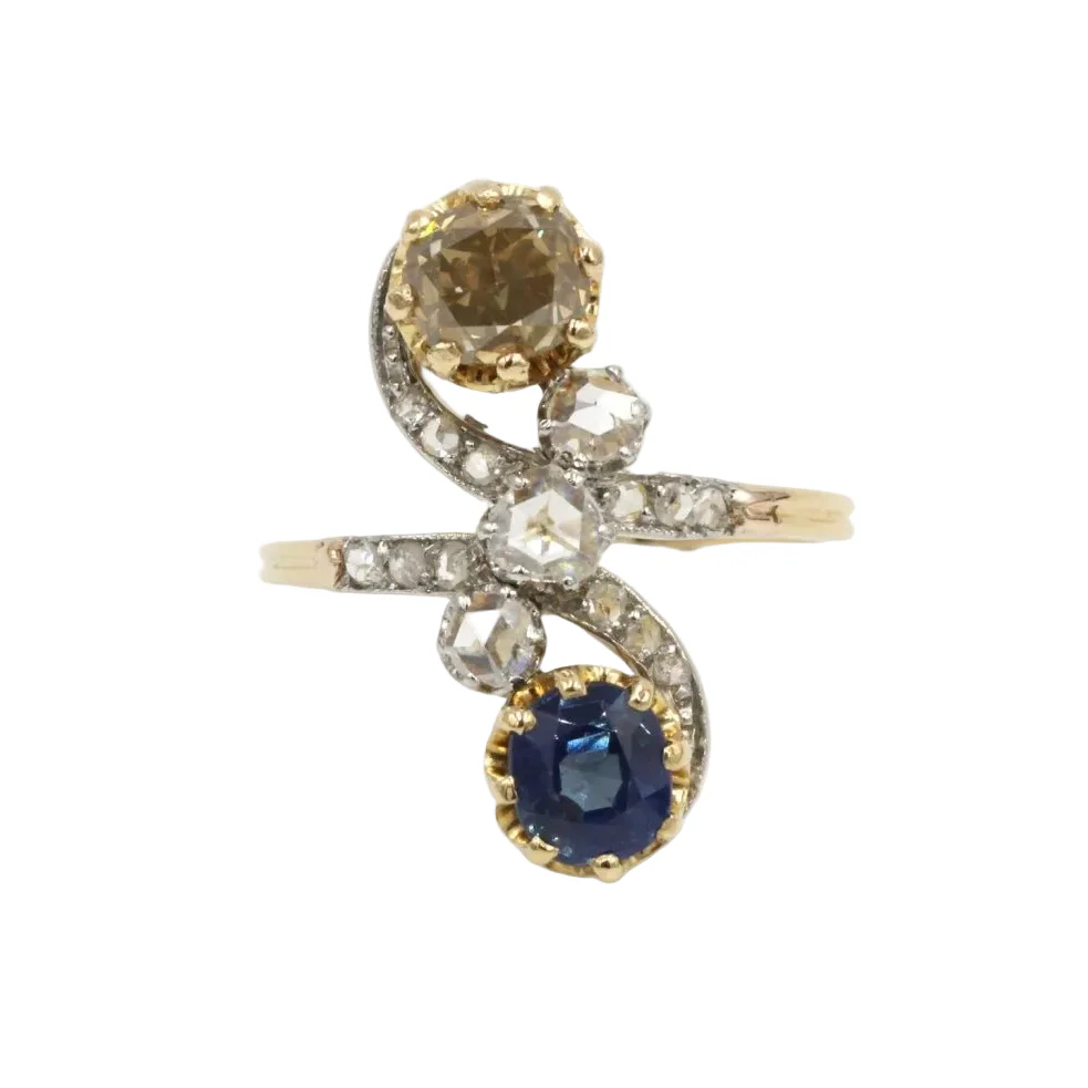Bague Toi & Moi en or jaune, platine, saphir et diamants