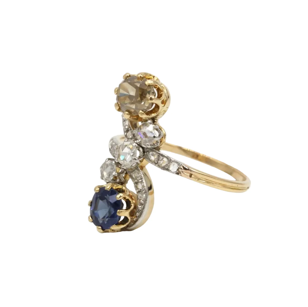 Bague Toi & Moi en or jaune, platine, saphir et diamants - Image 2