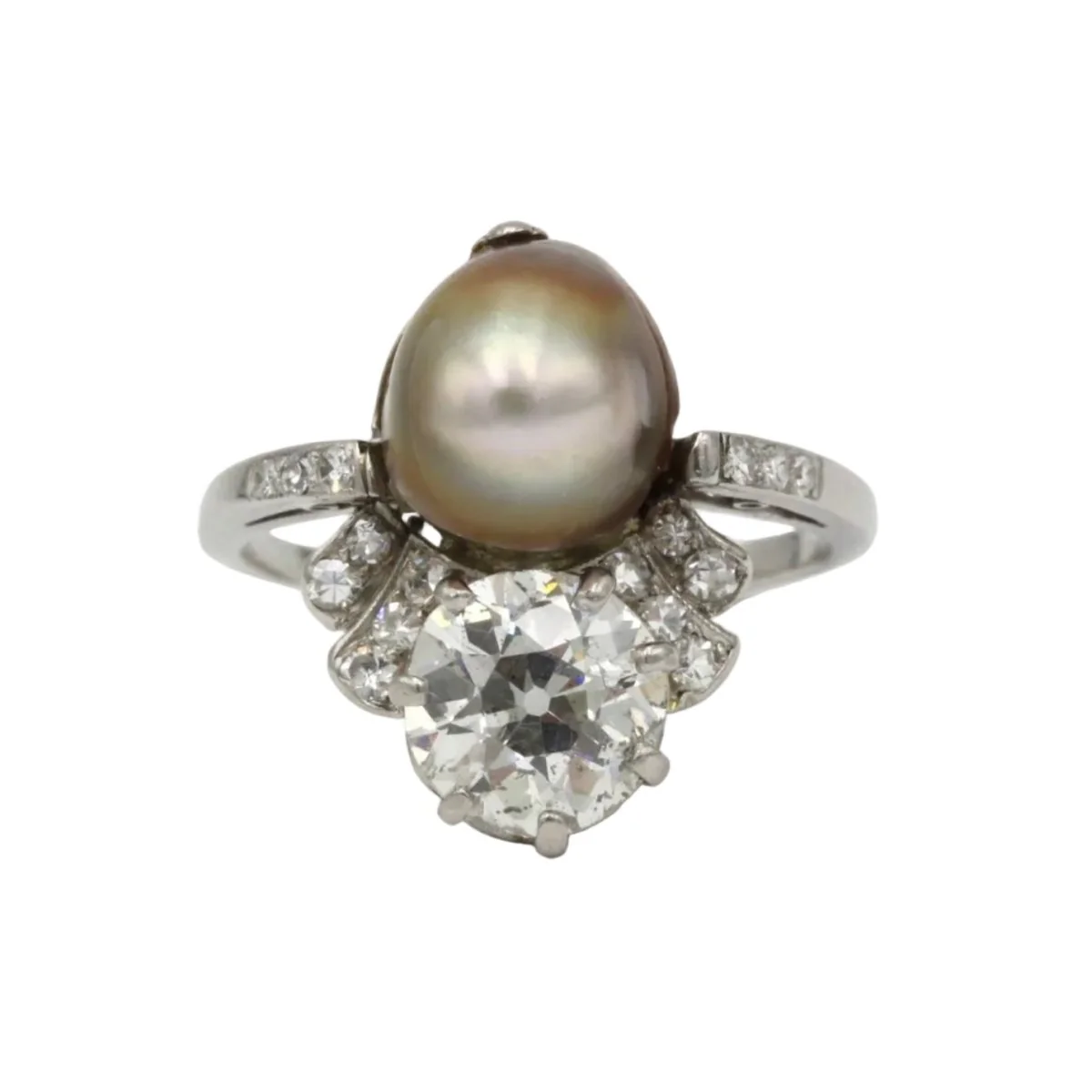 Bague Toi & Moi en platine, perle et diamants