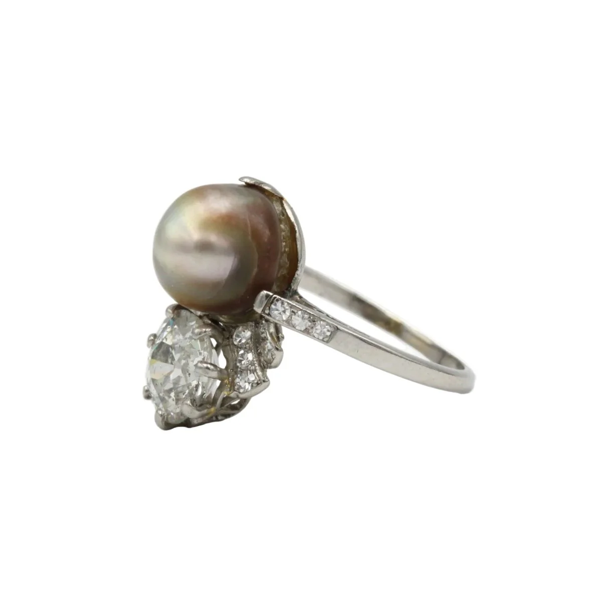 Bague Toi & Moi en platine, perle et diamants - Image 3