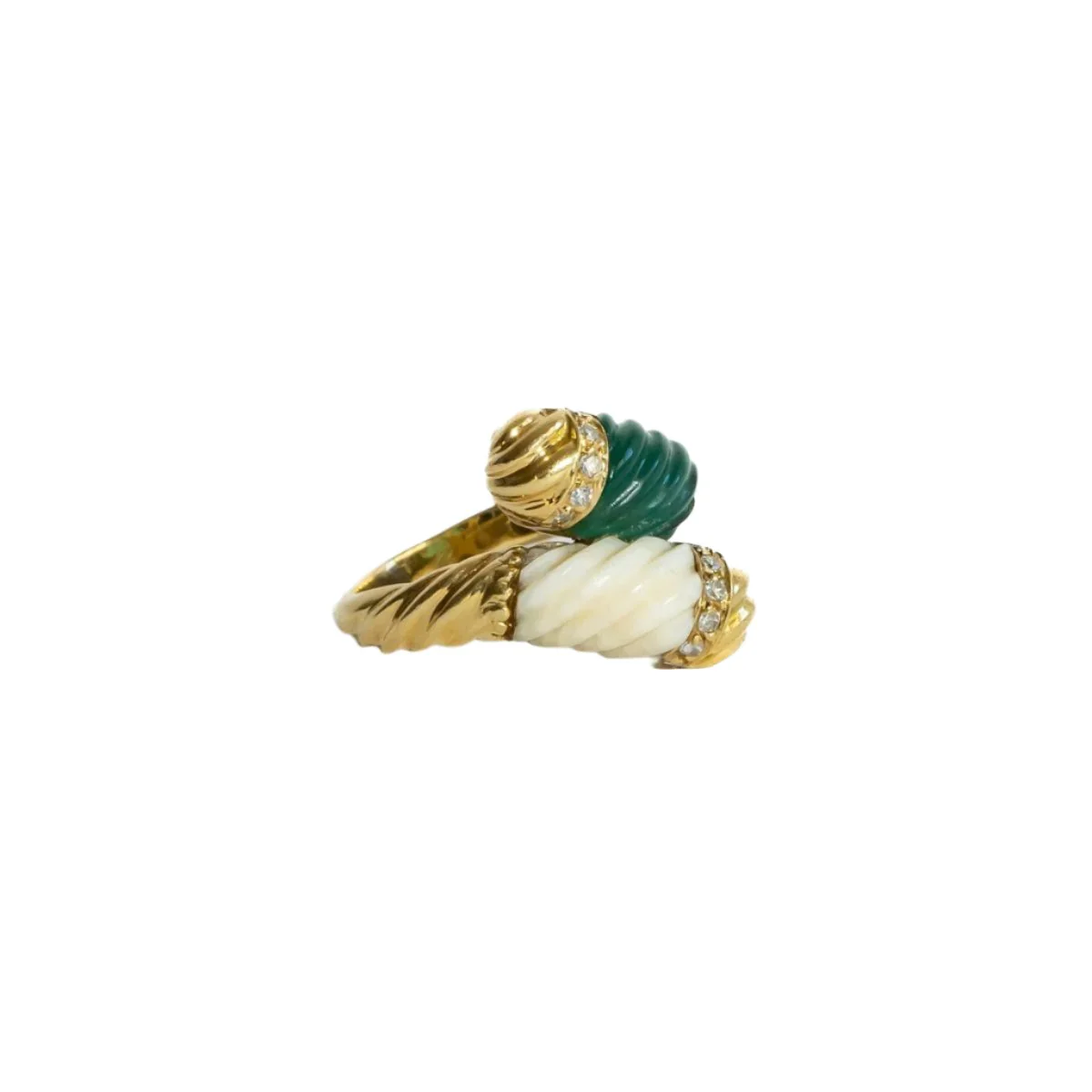 Bague Toi & Moi en or jaune, jade et corail blanc - Image 3