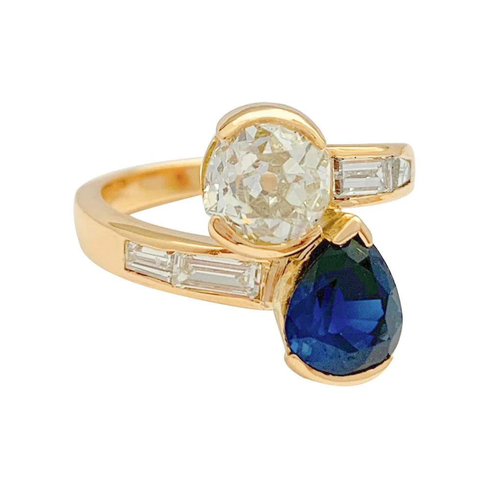 Bague "Toi & Moi" vintage, saphir et diamants - Image 4