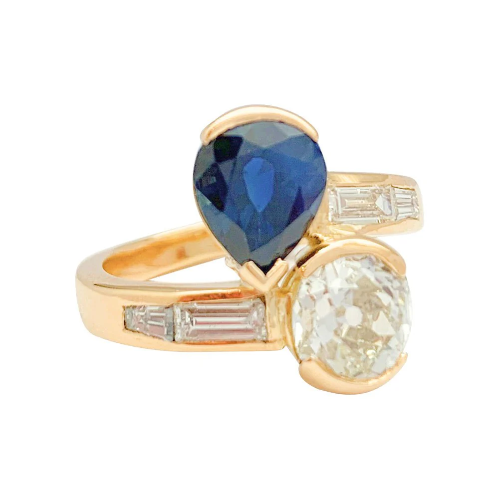 Bague "Toi & Moi" vintage, saphir et diamants - Image 5