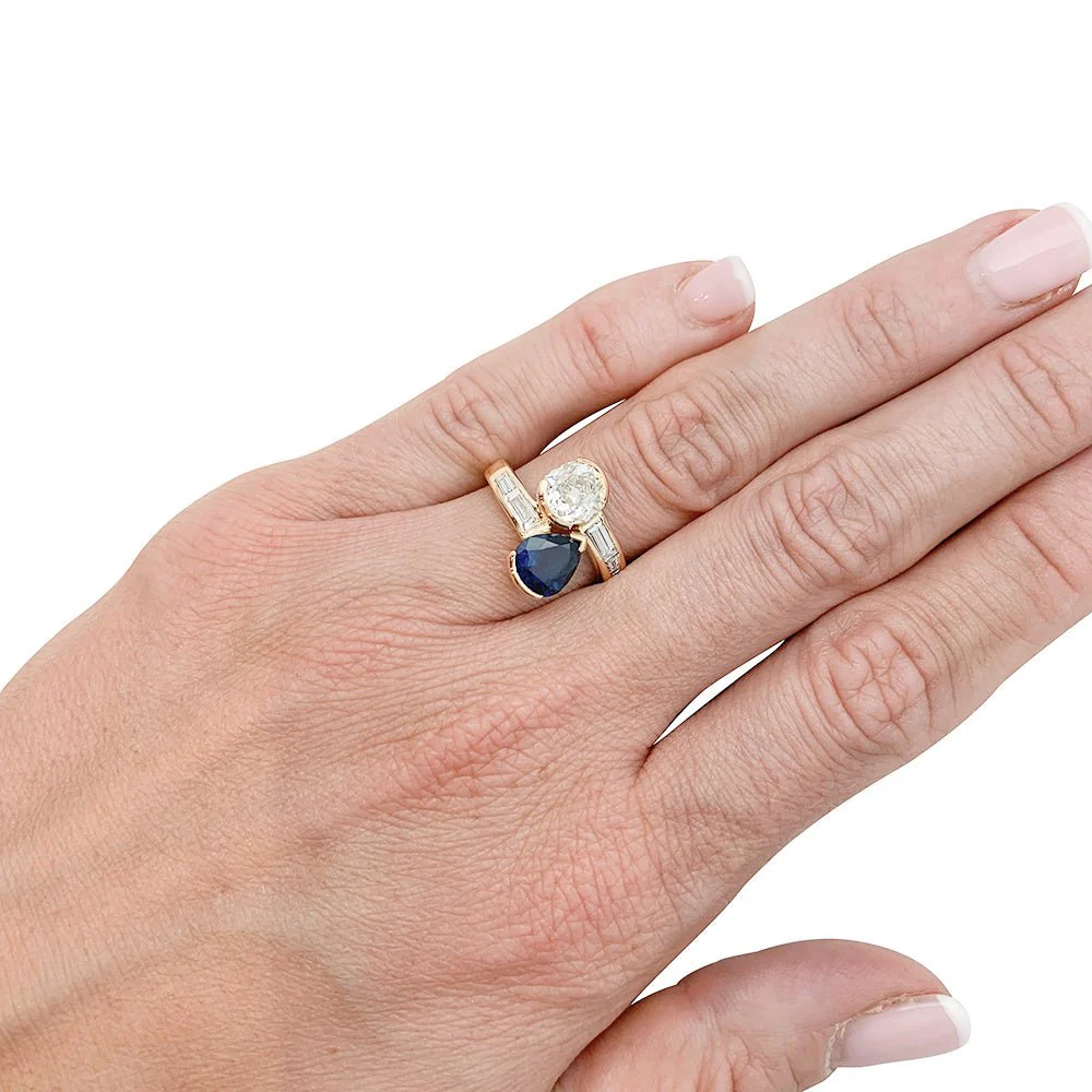 Bague "Toi & Moi" vintage, saphir et diamants - Image 9