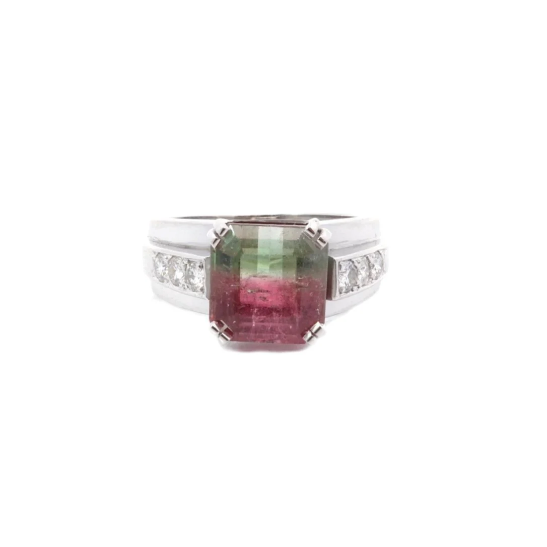 Bague tourmaline bicolore et diamants en platine