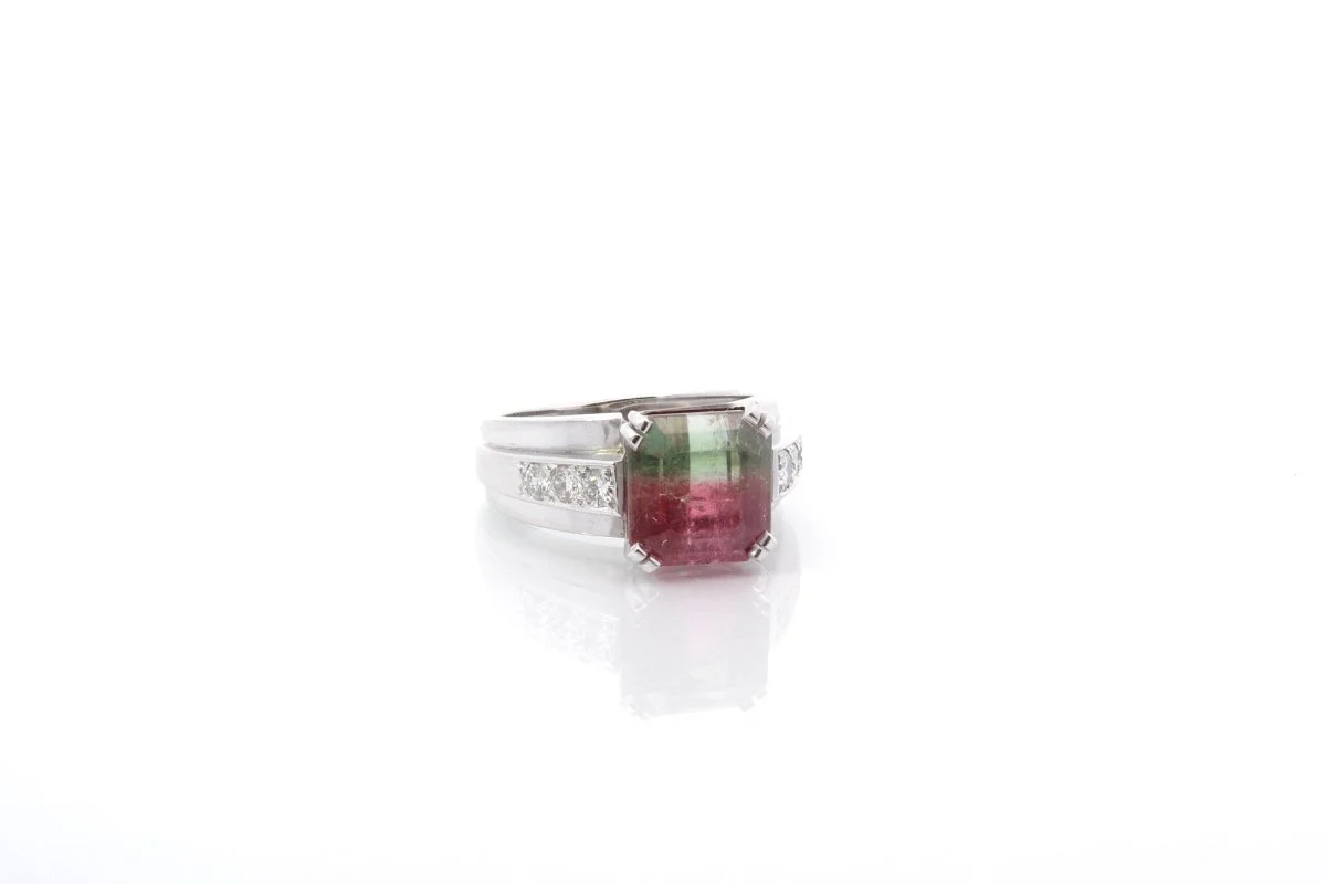 Bague tourmaline bicolore et diamants en platine - Image 2