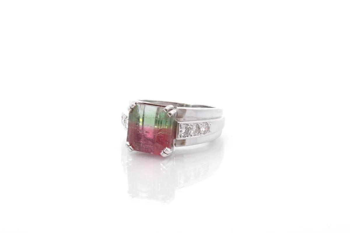 Bague tourmaline bicolore et diamants en platine - Image 4