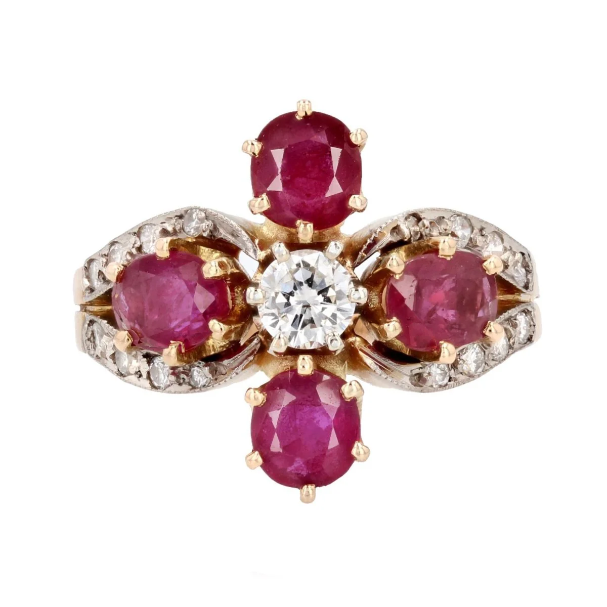 Bague Marguerite en or jaune, or blanc, rubis et diamants