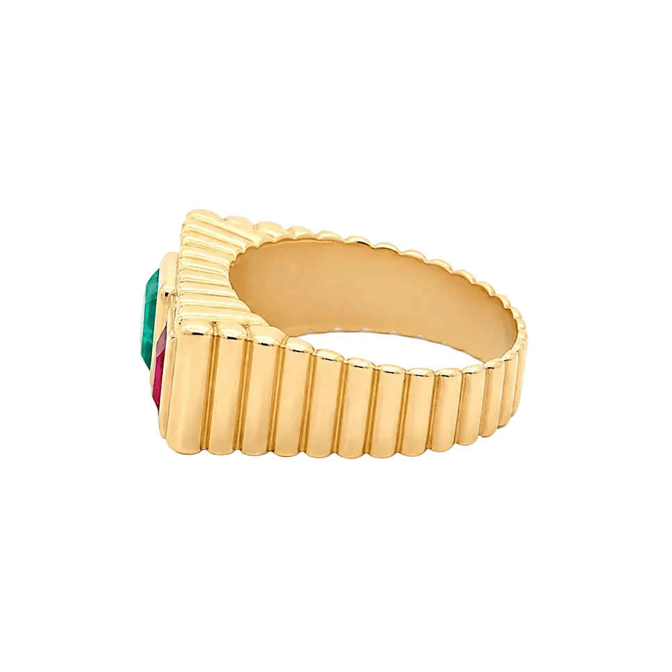 Bague Trilogie en or jaune, émeraudes et rubis - Image 3
