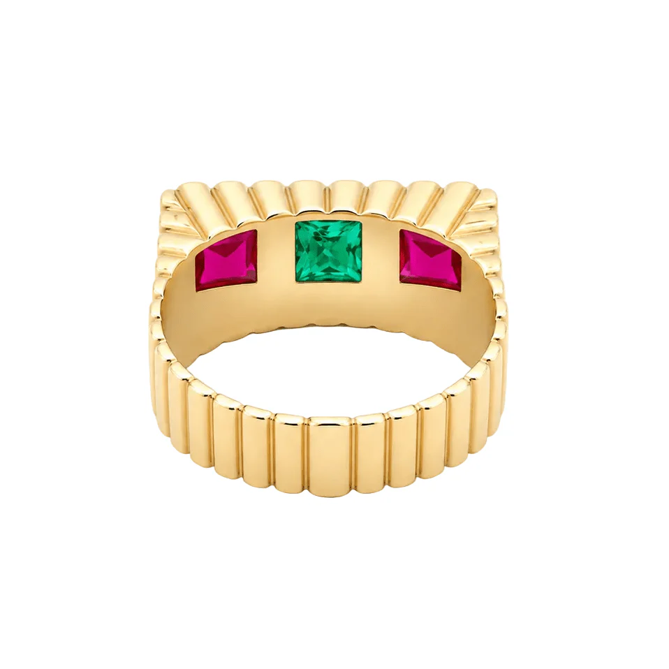 Bague Trilogie en or jaune, émeraudes et rubis - Image 4