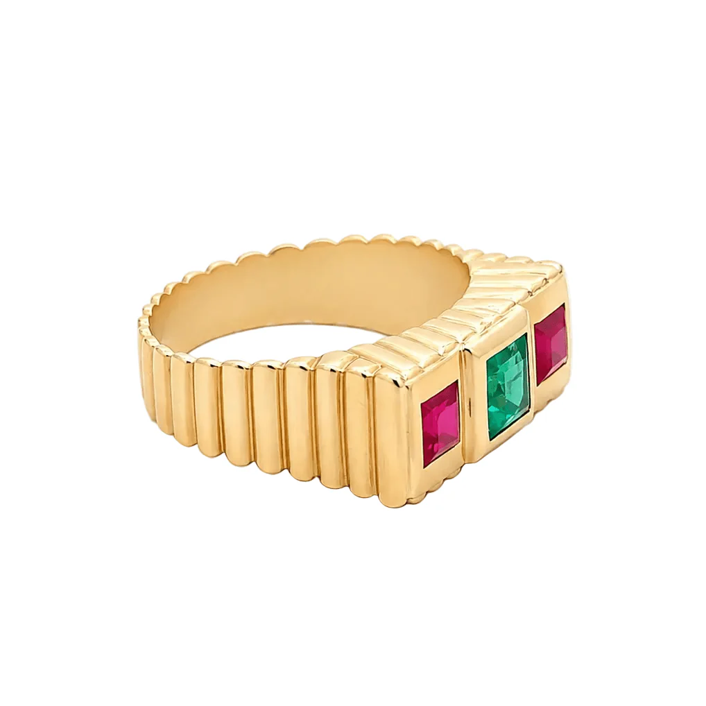 Bague Trilogie en or jaune, émeraudes et rubis - Image 5